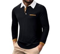 Genérico Polos transpirables para hombres y casuales ligeros para hombres, elegantes, lisos, con botones, Patchwork, corte ajustado, manga larga T s, Le Noir, XXL