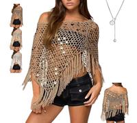 Genérico Poncho de Ganchillo con Flecos y Lentejuelas, Top de Poncho con Lentejuelas for Mujer, Top de Poncho Transparente de Punto Ligero, Encogimiento de Hombros for Playa(Caqui)