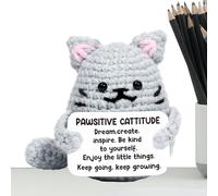 Generico Positive Crochet Cat, Inspirational Motivational Animal Figurine, Handcrafted Yarn Decor, Soft Knit Material 3.03x2.6x1.57 inches, 1-Pack, For Home Office Bedroom Living Room Display