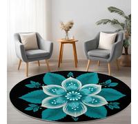 Genérico Primer Plano Imágenes Prediseñadas Flores Alfombra Redonda Estampada 100 cm, Lavable Lavadora Alfombra Dormitorio Antideslizante Tapete Sala para Cocina Halls Balcón, Azul Verde