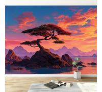Genérico Puesta De Sol Montañas Árboles Fotografía Papel Pintado 300 x 210 cm Intejido Mural, Arte Fantasía Panorámico Póster Papel Pintado Pared Decoración Decoración Piso