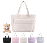 Genérico Puffer Travel Tote, Quilted Shoulder Travel Large Tote Bags for Women, Puffy Handbag with Compartments (Beige)