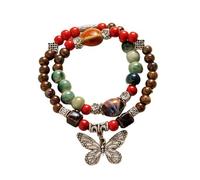 Genérico Pulsera de perlas de cerámica de estilo chino hecha a mano, pulsera de estiramiento de mariposa de doble capa, regalo de joyería de perlas bohemia para mujeres niñas (Style A)