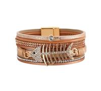 Generico Pulsera de piel multicapa con diseño exótico de espina de pez, pulsera trenzada de estilo étnico bohemio para amigas, talla única, Cuero, No es una piedra preciosa