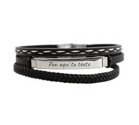 Genérico Pulsera personalizable con texto de acero Inoxidable e hipoalergénico y cuero triple negra con placa de acero inoxidable, Cierre: Tipo pato con hebilla de seguridad y mordaza,
