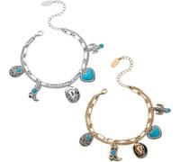 Genérico Pulsera vaquera vaquera hecha a mano, estilo boho vintage con turquesa, con dijes de bota, sombrero, cactus y corazón, ideal para vaqueras y amantes del estilo country. (mix)