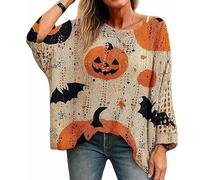Genérico Pumpkin Crochet Sweater, Women's Knit Halloween Sweater, Oversized Pumpkin Knit Pullover, Casual Loose (Beige,4XL)