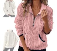 Genérico Quarter Half Zip Pullover Women Cable Fuzzy Fleece Pullover Casual Fluffy Soft Long Sleeve Sweatshirts with Pockets (Pink,S)