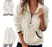 Genérico Quarter Half Zip Pullover Women Cable Fuzzy Fleece Pullover Casual Fluffy Soft Long Sleeve Sweatshirts with Pockets (White,L)