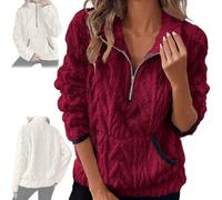 Genérico Quarter Half Zip Pullover Women Cable Fuzzy Fleece Pullover Casual Fluffy Soft Long Sleeve Sweatshirts with Pockets (Wine Red,L)