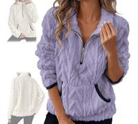 Genérico Quarter Half Zip Pullover Women Cable Fuzzy Fleece Pullover Casual Fluffy Soft Long Sleeve Sweatshirts with Pockets (Purple,XL)