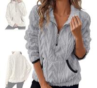 Genérico Quarter Half Zip Pullover Women Cable Fuzzy Fleece Pullover Casual Fluffy Soft Long Sleeve Sweatshirts with Pockets (Gray,XXL)