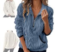 Genérico Quarter Half Zip Pullover Women Cable Fuzzy Fleece Pullover Casual Fluffy Soft Long Sleeve Sweatshirts with Pockets (Blue,M)