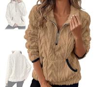 Genérico Quarter Half Zip Pullover Women Cable Fuzzy Fleece Pullover Casual Fluffy Soft Long Sleeve Sweatshirts with Pockets (Khaki,XL)