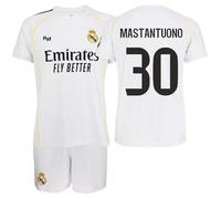 Genérico R. Madrid Conjunto Camiseta y Pantalón 2025/26 Réplica Oficial - EQUIPO MASCULINO- FRANCO MASTANTUONO - Primera Equipación - UNISEX (FR/ES, Edad, 12 años, Regular, Blanca)
