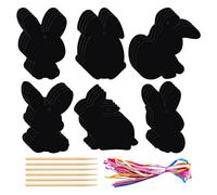 Genérico Rainbow Color Easter Scratch Ornaments, 24X Rainbow Color Scratch Off, 3,94 x 3,03 pulgadas, Paper Bunny Ornaments, Cute Bunny Scratch Egg Basket Stuffers, Stick and Ribbon for Kids