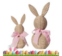 Genérico Rattan Resin Bunny Set - Easter Bunny Figurines Set 2 Pieces | Resin Rabbit Decor Woven Rattan Effect Rustic Spring Decoration with Bow For Table Desk Shelf Farmhouse Home