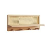 Genérico Rattan Wall Shelf, Hangable Wooden Boho Organizer, Rustic Wall Rack with Hooks, 15.67x6.69x3.9 Inches Compact Farmhouse Storage, Ideal for Nursery, Entryway, Study and Room Décor