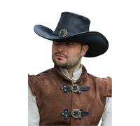 Genérico RawBlade Sombrero de Mosquetero de Cuero, Negro con Hebilla Decorativa, Estilo Medieval para LARP y Recreación (Black, XXL)