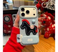 Genérico Red Pony Phone Case with a Mirror Stand, A Red-Embroidered Pony Phone Case for iPhone 12/13/14/15/16/17 Pro MAX Series (For 17Pro MAX,Blue)