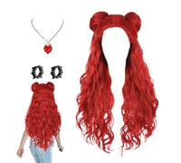 Genérico Red Wig Costume Descendent 4 | With Necklace Earrings,Vibrant Red Waves Descendant 4 Costume Accessory For Halloween Birthday Parties Themed Events
