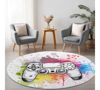 Genérico Redonda Alfombras de área Controlador De Juego Sketch 150 cm Antideslizante Lavable Alfombra de área, Moqueta de Salón Modernas Pelo Corto Blanco, para Interior y decoración del hogar