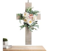 Genérico Religious Cross - 17.32 Inch Wall Decor | Plywood Floral Sign - 3D Wooden Easter Cross with Silk Flowers and Tassel For Farmhouse Porch Garden Fence Indoor Home Decoration