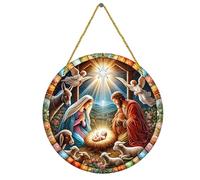 Genérico Religious Window Art - Acrylic 30cm, Nativity Tree Decor, Gold Rope | Fine Craftsmanship, Acrylic Round Sign, Holy Family Ornament For Front Door, Christmas Tree, Home, Religious Festivals