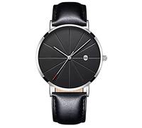 Generico Reloj de hombre con caja de acero correa de piel sintética automática muñeca moderno vintage cuarzo chico negro plata M01b, marrón, Correa