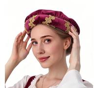 Genérico Renaissance Hat - Soft Velvet Vintage Gold Trim Medieval Roll Brim Costume Headpiece, Padded 14th Century Cosplay Hat For Halloween Party Stage Show Masquerade Ball