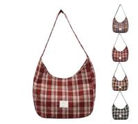 Genérico Retro Plaid Underarm Bag, Canvas Hobo Crossbody Tote, Slouchy Crescent Shoulder Purse for Women, Casual Travel Bag (Red)