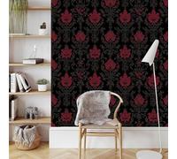 Genérico Retro Rojo Floral Papel Pintado Autoadhesivo 0.3x5 m Fondo Negro Decorativo Muro Pegatina Impermeable Mate Papel Pared Grueso Fácil Limpiar Wallpaper para Dormitorio Salon Adhesivo Muebles