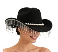 Genérico Rhinestone Cowboy Hat, Sparkly Wide Brim, Hat with Pearl Chain Decor, Fashion Accessory with Compact Design, Glam Party Statement Piece, Cowboy Hats for Festival Concert Carnival Wedding