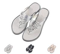 Genérico Rhinestone Flip Flops for Women 2026 Summer Dressy Flower Bling Sandals, Sparkly Flat Thong Sandals Non-Slip Lightweight Beach Wedding Party Vacation Slippers (Silver,43)