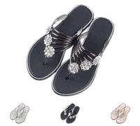 Genérico Rhinestone Flip Flops for Women 2026 Summer Dressy Flower Bling Sandals, Sparkly Flat Thong Sandals Non-Slip Lightweight Beach Wedding Party Vacation Slippers (Black,43)