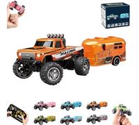Genérico RipRush Mini Monster 1:64 Off-Road LED Alloy Racer,Monster Truck Remote Control Car with Lights,2.4GHz Remote Control,3 Speed Adjustable,USB Rechargeable Alloy RC Truck with Trailer (Orange)