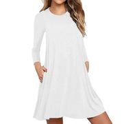 Generico Robe D Été Femme Courte - Robe D Hotesse D Interieur Grande Taille Vestido Manga Larga Cuello Redondo Vestido Color Sólido con Bolsillos Dress Fresco y Transpirable Vestidos Estilo Casual