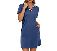 Genérico Robe décontractée à Col en V et blocs de Couleurs pour Femme, Tenue basique et polyvalente pour Tous Les jours, Coupe Confortable et adaptée à toutes Les saisons (Navy, L)