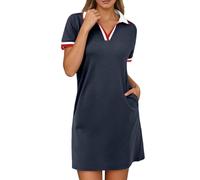 Genérico Robe décontractée à Col en V et blocs de Couleurs pour Femme, Tenue basique et polyvalente pour Tous Les jours, Coupe Confortable et adaptée à toutes Les saisons (Blue, S)