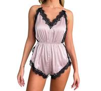 Genérico Ropa Sexy Mujer - Camisón Sexy De Satén con Encaje Y Estampado Floral para Mujer Escote En V Profundo Y Corte Alto Ropa De Dormir De Seda Helada