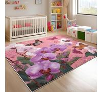 Genérico Rosa Alfombra Habitación Infantil 80x150 cm - Flores y Mariposas RomáNticas Suave Antideslizante y Lavable Alfombra de Franela para Salón, Sala de Juegos, Entrada Decoración del Hogar