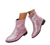Genérico Round Toe Low Chunky Heels Glitter Booties - Sparkle Ankle Boots for Women, Side Zipper Shiny Evening Boots with Chunky Block Heel (Pink,38)