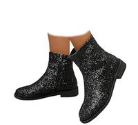 Genérico Round Toe Low Chunky Heels Glitter Booties - Sparkle Ankle Boots for Women, Side Zipper Shiny Evening Boots with Chunky Block Heel (Black,36)