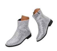 Genérico Round Toe Low Chunky Heels Glitter Booties - Sparkle Ankle Boots for Women, Side Zipper Shiny Evening Boots with Chunky Block Heel (Silver,37)