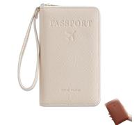Genérico Rowgins Multi-Functional RFID Passport Wallet, Passport Holder for Travel Essentials, Slim Leather Cover for Credit Cards, Tickets, and Cash, for Travel Men & Women (Off-White)