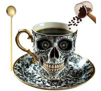 Genérico Royal Skull Coffee Mug, Gothic Porcelain Tea Cup With Gold Trim, Halloween Skull Cup with Saucer Set for Coffee Lovers and Collectors