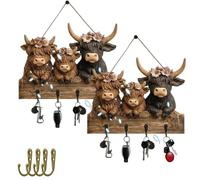 Genérico Rustic Highland Cow Wooden Ornament, 2D Key Holder Wall Mount With 4 Hooks, Highland Cow Wall Hanging Key Hook Board For Entryway Or Kitchen (2Pcs)