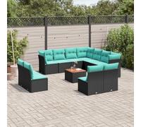 Genérico Salón de Jardín 12 Pieces Negro Resina Trenzada con Cojines | Modular, almacenamiento en el asiento, bolsa impermeable incluida, tapa acacia, funda extraíble lavable