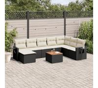 Genérico salón de jardín 9 piezas negro resina trenza con cojines | Mesa plegable con resorte de gas, tapa de madera de acacia, funda extraíble, diseño modular