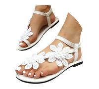 Genérico Sandalia Plana Mujer Cómodas Sandalias de Verano Sandalias Planas de Mujer Con Puntera Abierta Y Tira En El Tobillo. Verano Con Apliques Encaje 3D. Sandalia (White,43)